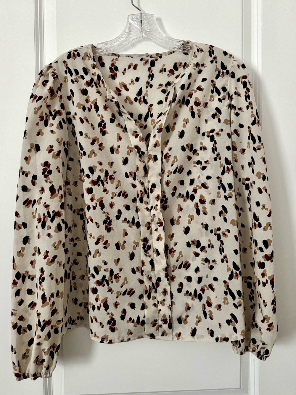 Women's Cream Print Notch Neck Long Sleeve Blouse | Balloon Sleeve | Size Large